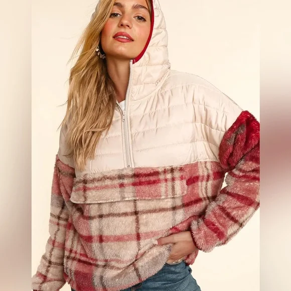 Taupe & Pink Half-Zip Plaid Hooded Sherpa Fleece & Puffer Winter Woman  Pullover - Picture 5 of 16